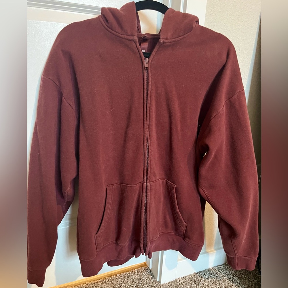 SKIMS Oversized Oxblood Distressed Style Zip-Up Sweater